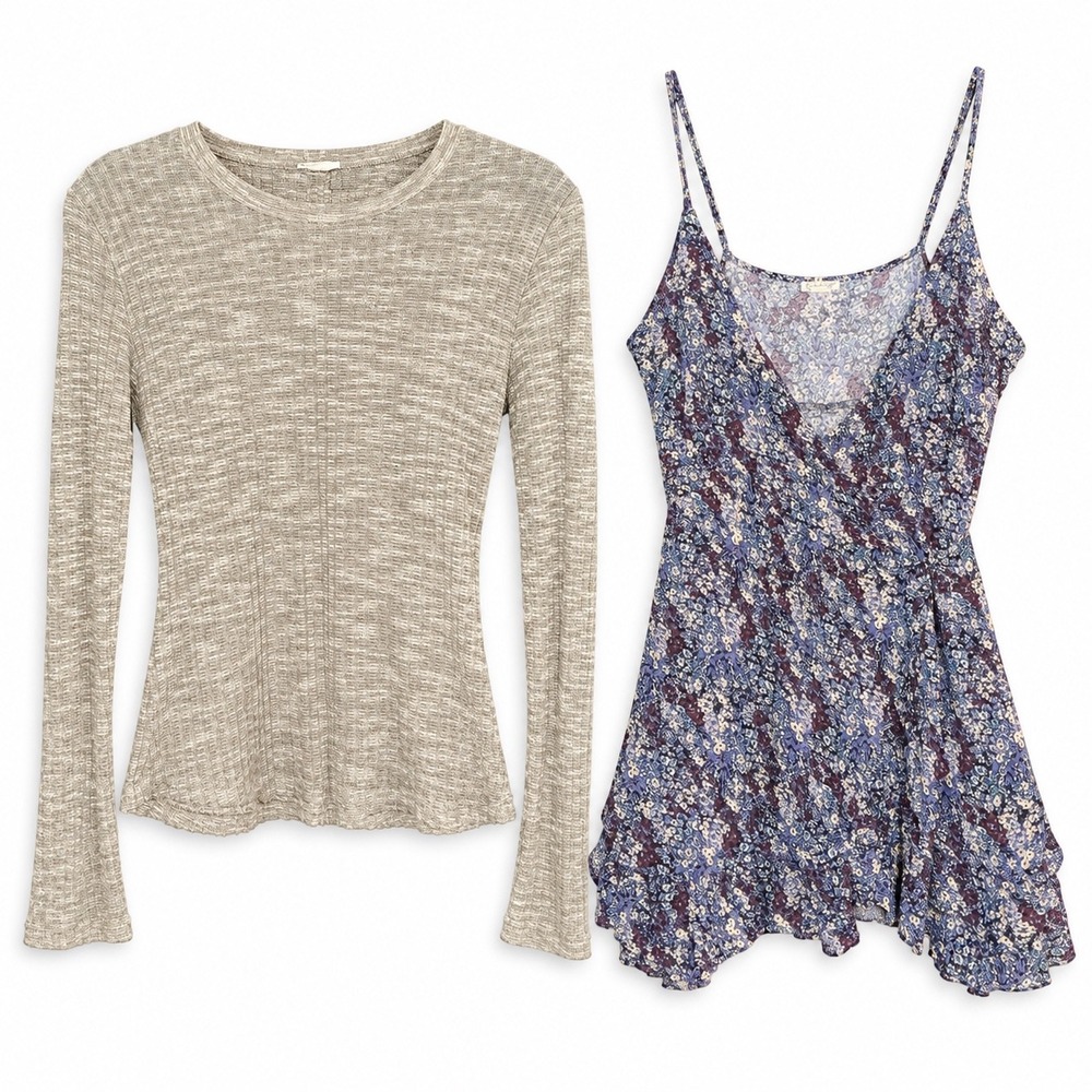 Free People Women's 2 Piece Bundle Long Sleeve Knit Top + Floral tank top small